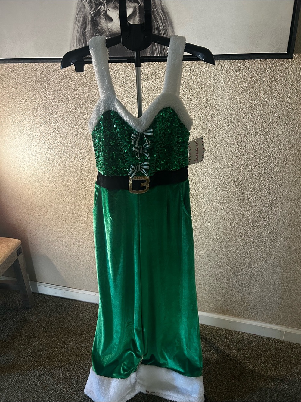 Green Sequin Elf Holiday Dress with Faux Fur Trim - Picture 2 of 3